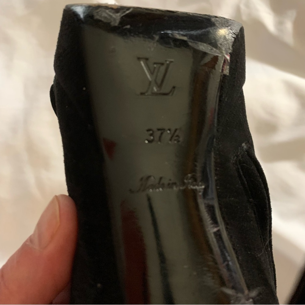LOUIS VUITTON size 37.5 black SUEDE platform stilleto BOOTS w/patent leather - Picture 4 of 12